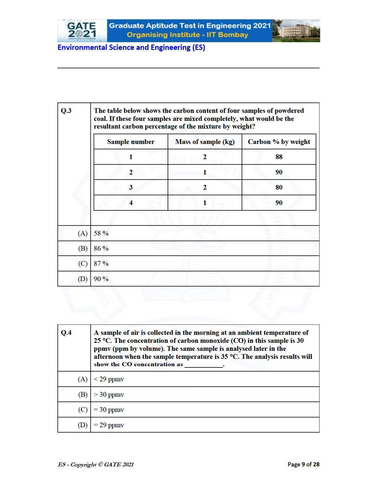 GATE 2021 Environmental Science & Engineering (ES) Question Paper - Page 9
