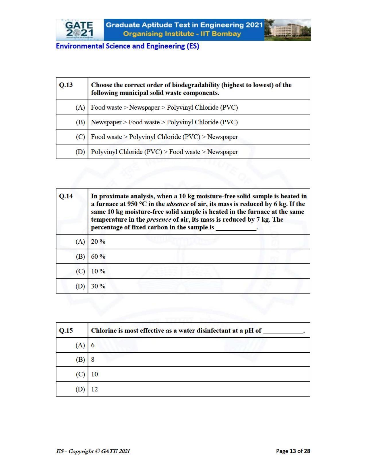 GATE 2021 Environmental Science & Engineering (ES) Question Paper - Page 13