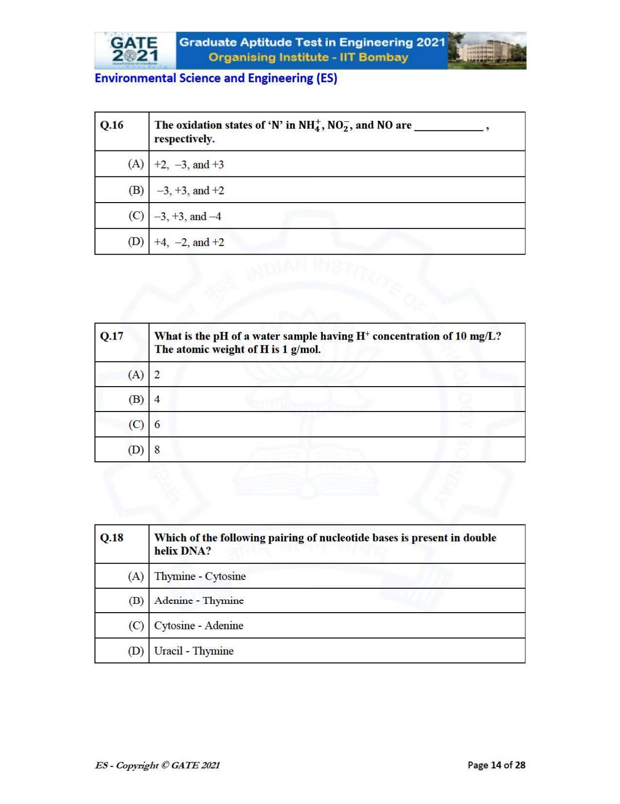 GATE 2021 Environmental Science & Engineering (ES) Question Paper - Page 14