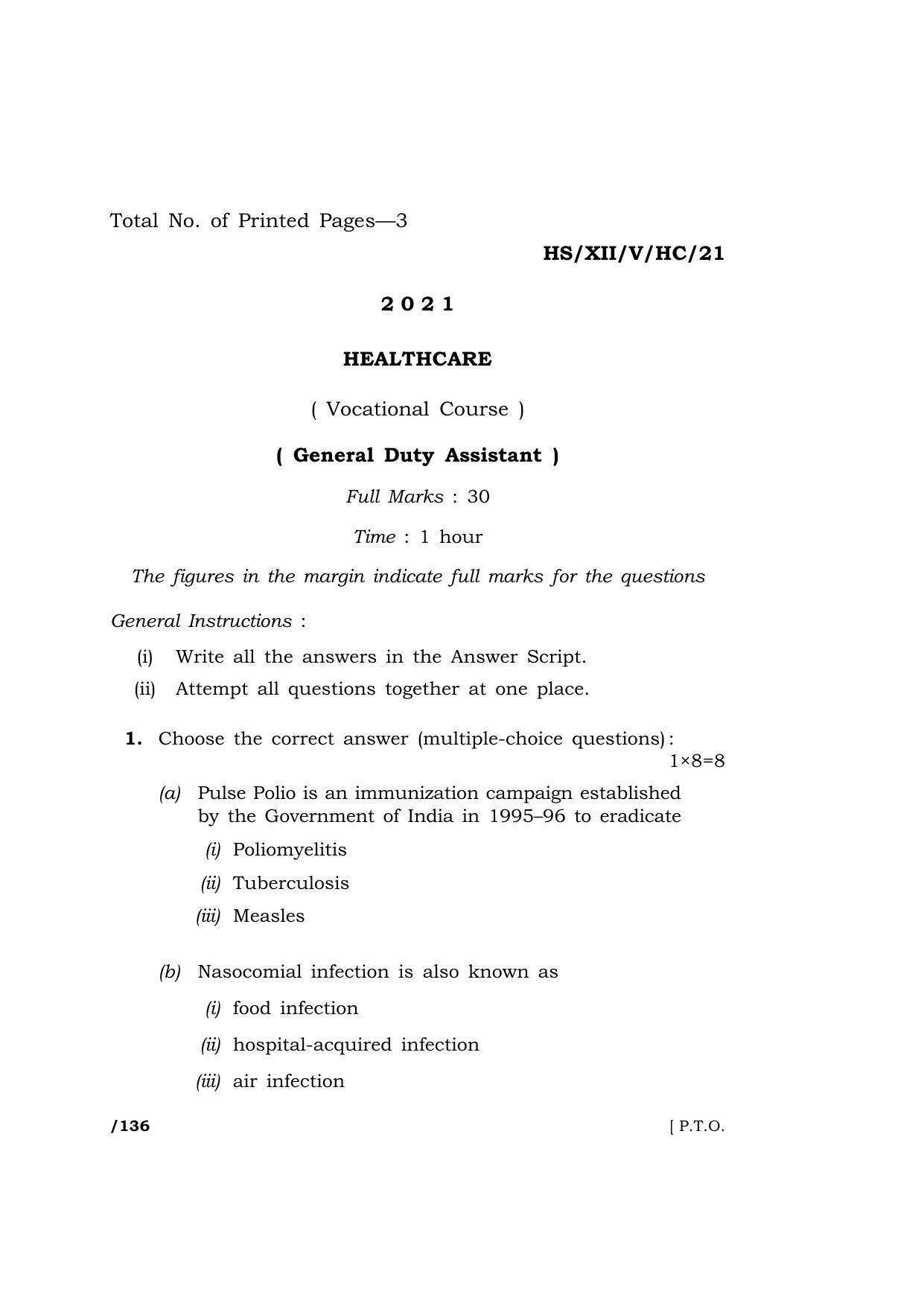 Meghalaya Board (MBOSE) Class 12 HEALTHCARE (HS-XII-V-HC-21) 2021 Question Paper - Page 1