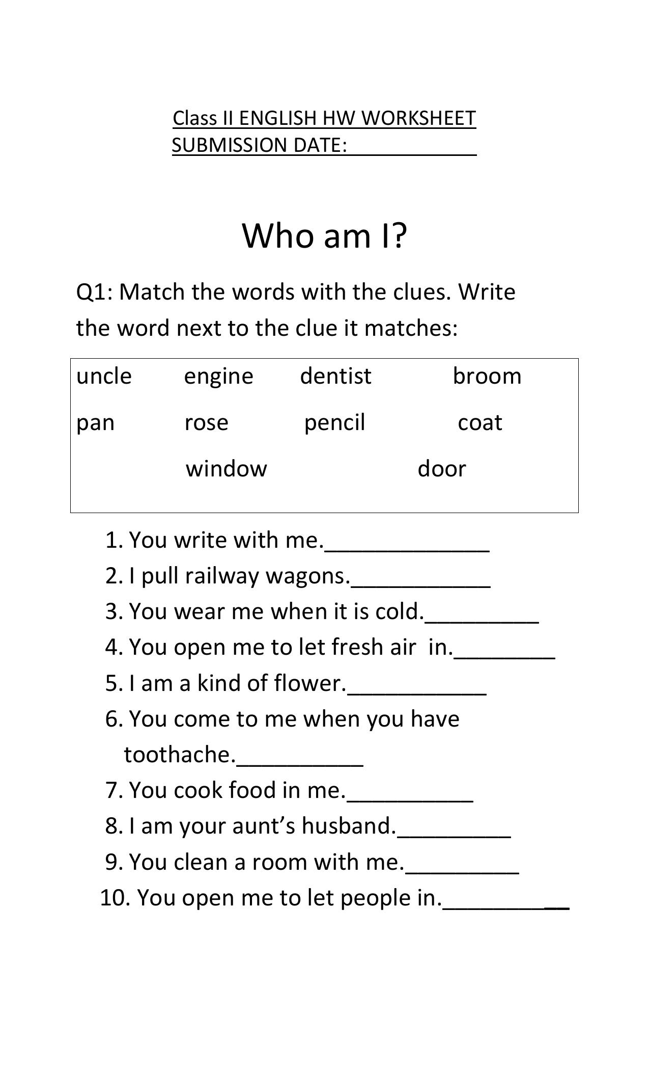 Worksheet for Class 2 English Assignment 49.1 Who am I - Page 1