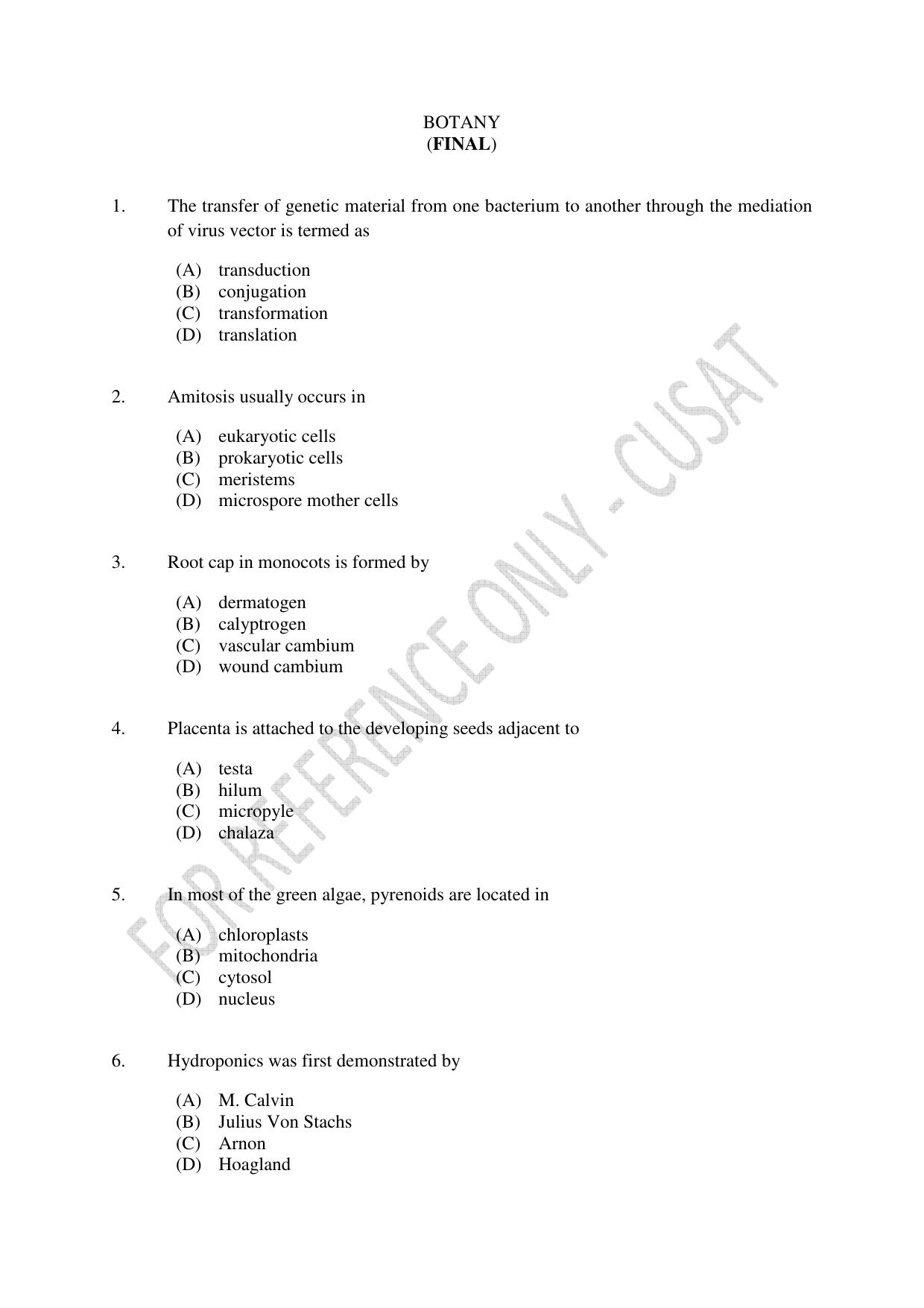 CUSAT CAT 2023 BOTANY Question Paper - Page 1