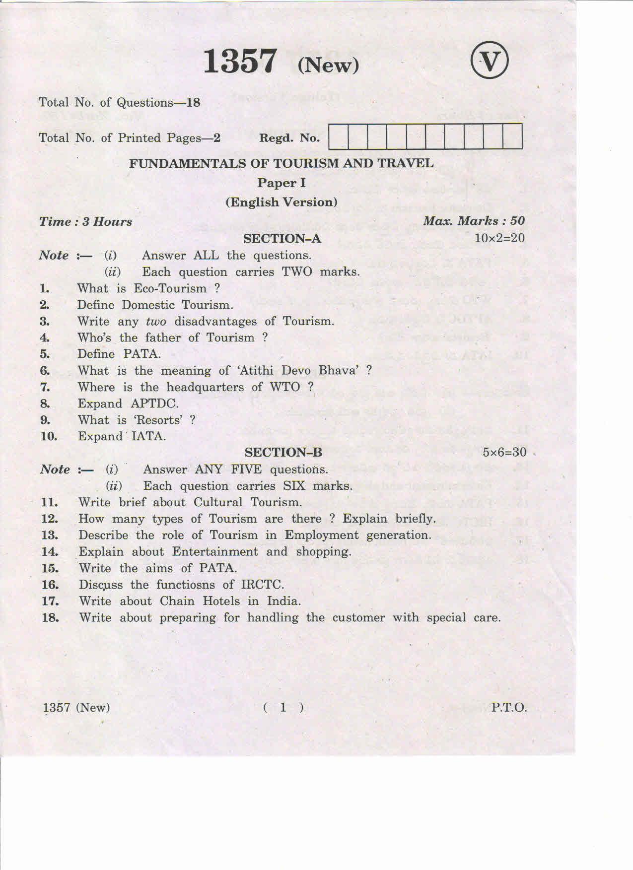 AP Inter 1st Year Fundamentals of Tourism and Travel-I (New) May-2019-Vocational Question Paper - Page 1