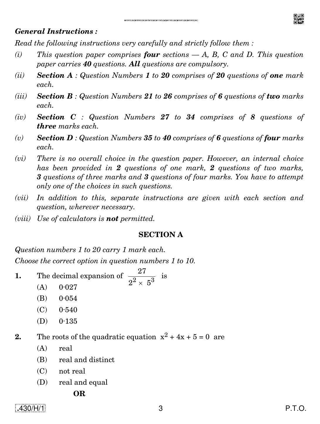 CBSE Class 10 430-C-1 - Maths (Basic) 2020 Compartment Question Paper - Page 3