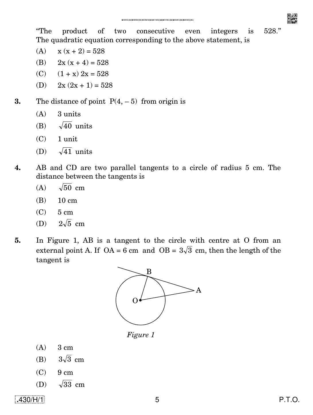 CBSE Class 10 430-C-1 - Maths (Basic) 2020 Compartment Question Paper - Page 5