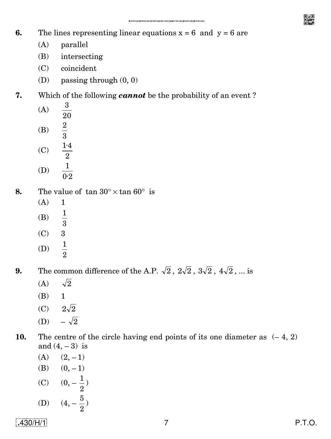 CBSE Class 10 430-C-1 - Maths (Basic) 2020 Compartment Question Paper - Page 7