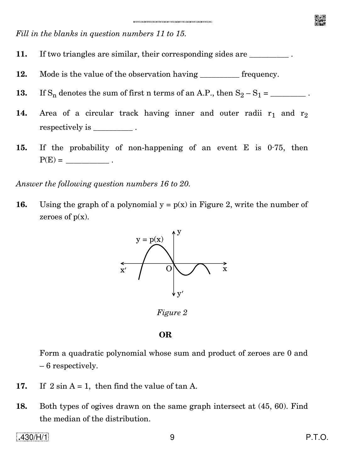 CBSE Class 10 430-C-1 - Maths (Basic) 2020 Compartment Question Paper - Page 9