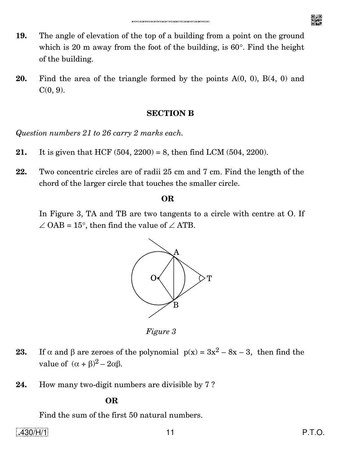 CBSE Class 10 430-C-1 - Maths (Basic) 2020 Compartment Question Paper - Page 11