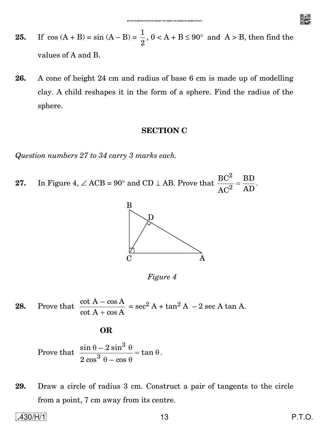 CBSE Class 10 430-C-1 - Maths (Basic) 2020 Compartment Question Paper - Page 13