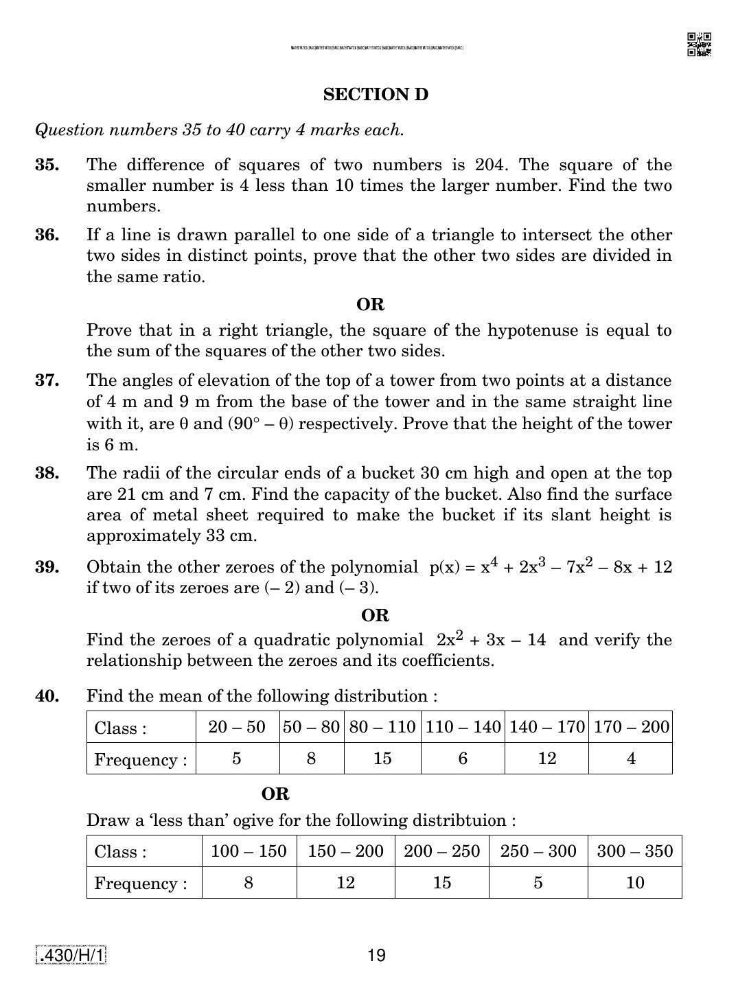 CBSE Class 10 430-C-1 - Maths (Basic) 2020 Compartment Question Paper - Page 19
