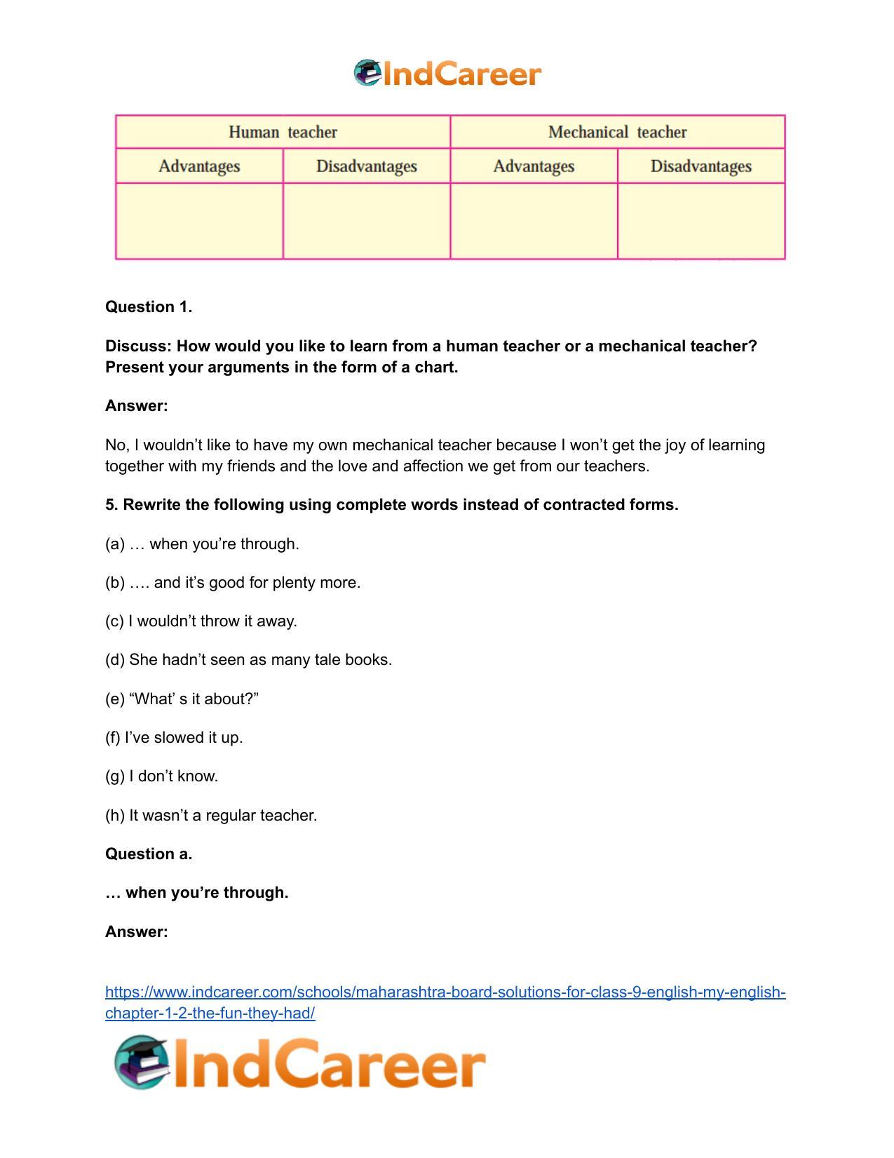 Maharashtra Board Solutions for Class 9- English (My English): Chapter 1.2- The Fun they Had - Page 9
