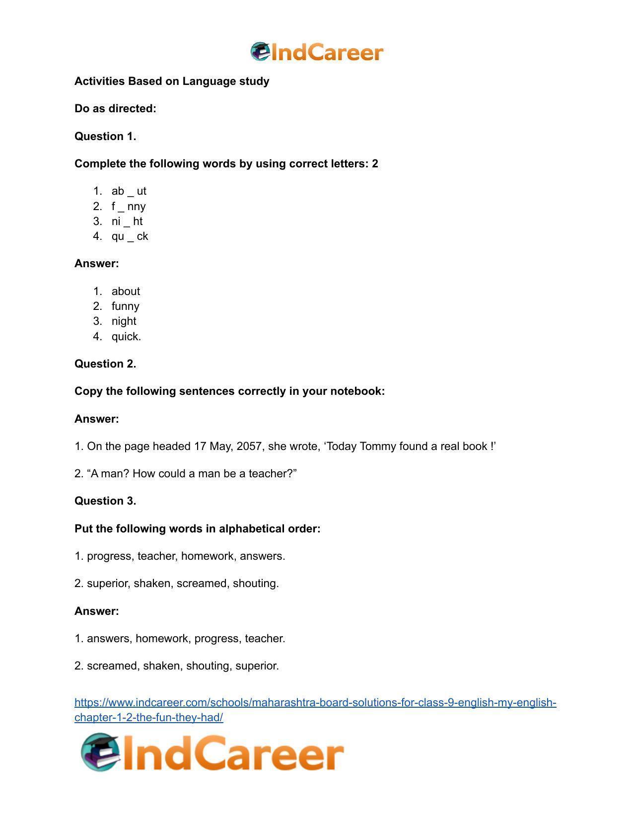 Maharashtra Board Solutions for Class 9- English (My English): Chapter 1.2- The Fun they Had - Page 31