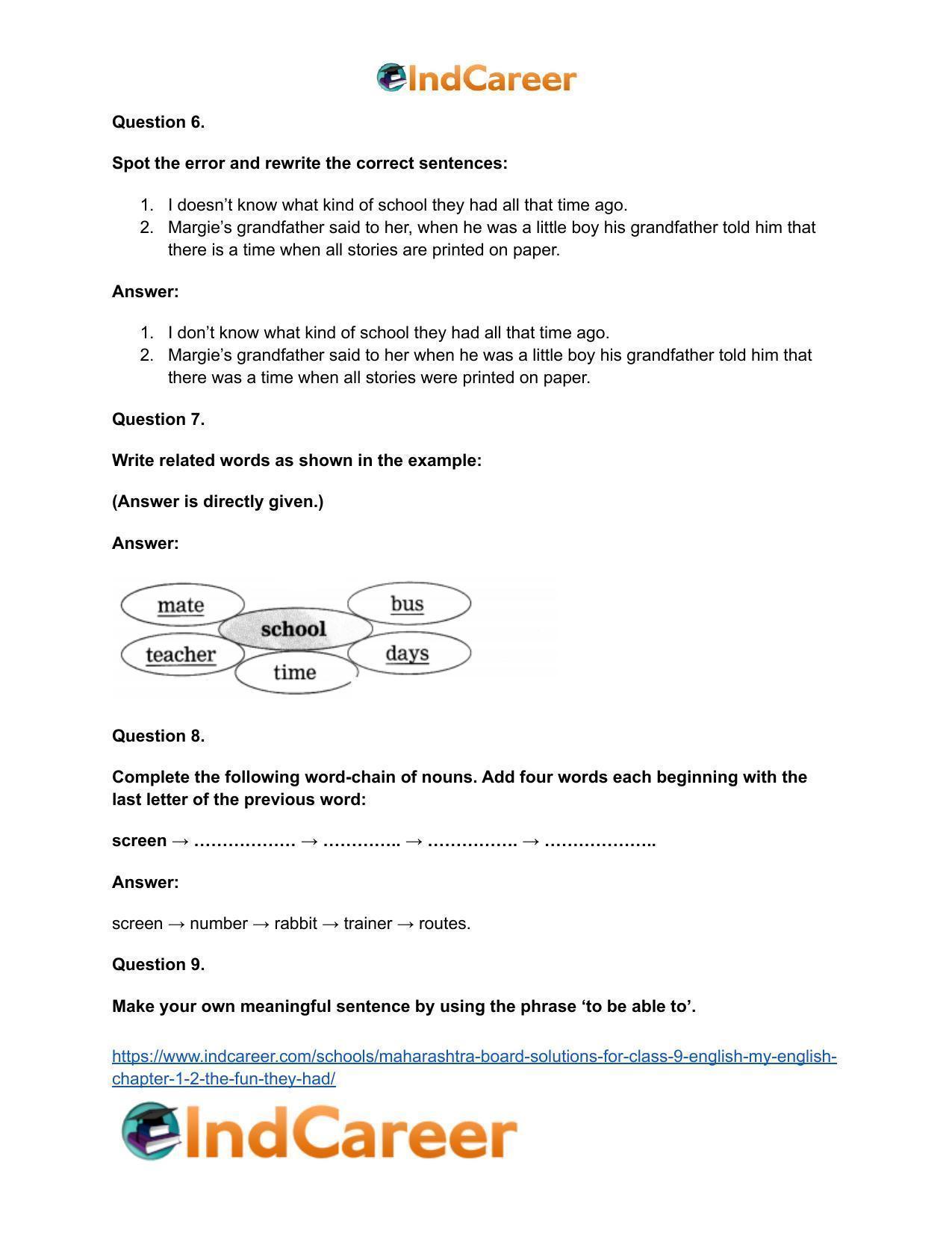 Maharashtra Board Solutions for Class 9- English (My English): Chapter 1.2- The Fun they Had - Page 33