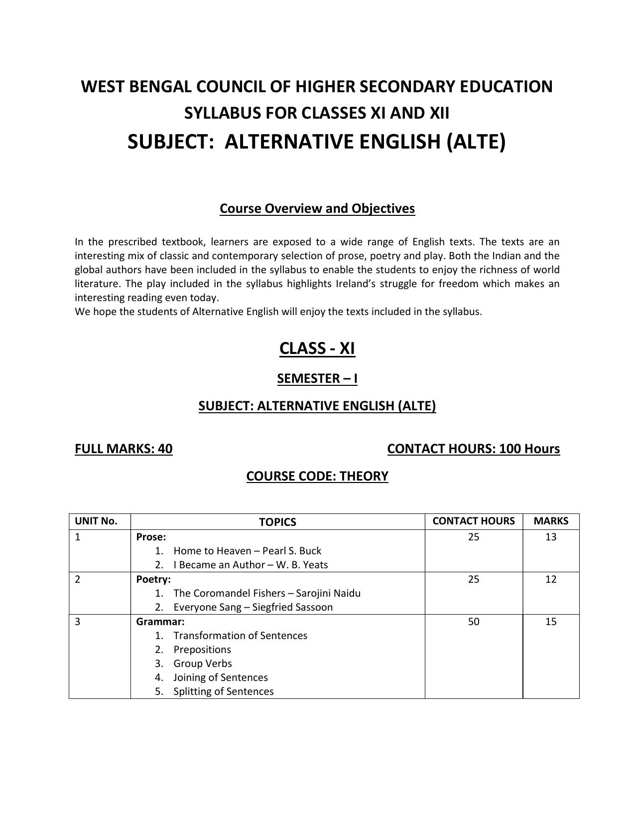 WBCHSE Class 11 & 12 Syllabus for Alternative English(ALTE) (Language) - Page 1