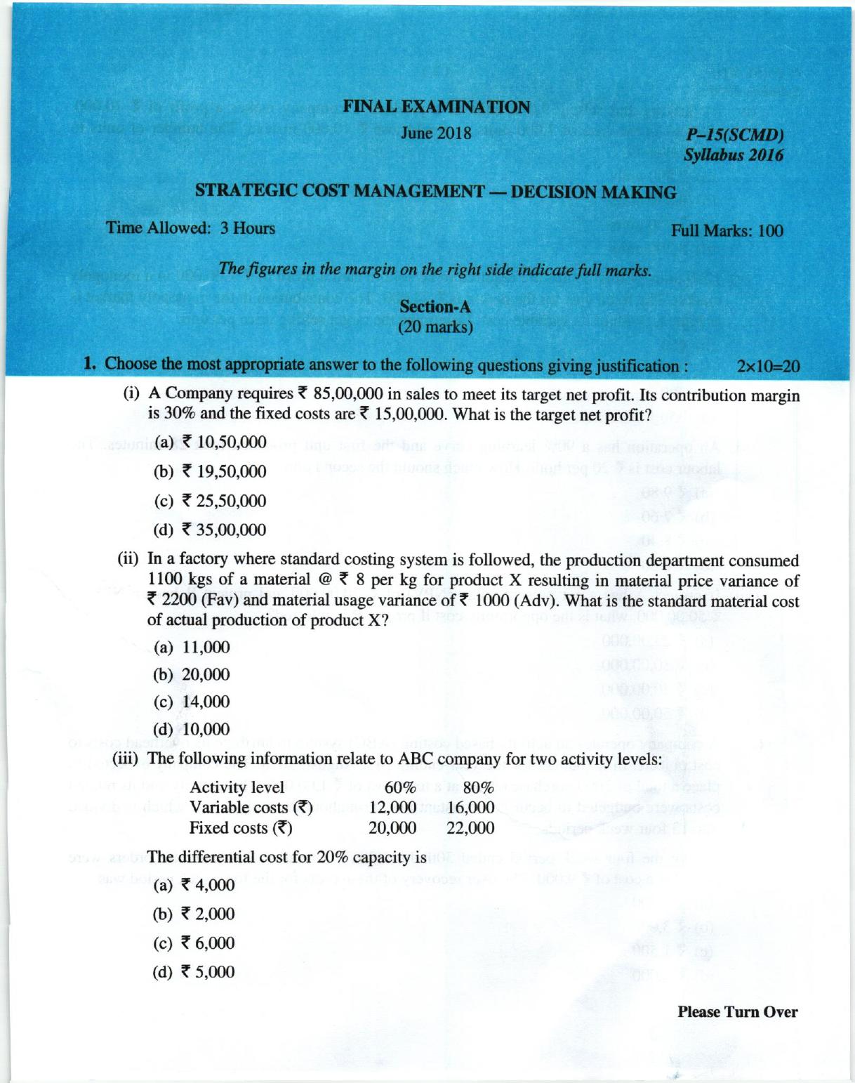 ICMAI June 2018 Strategic Cost Management- Decision Making Question Paper (Final) - Page 1