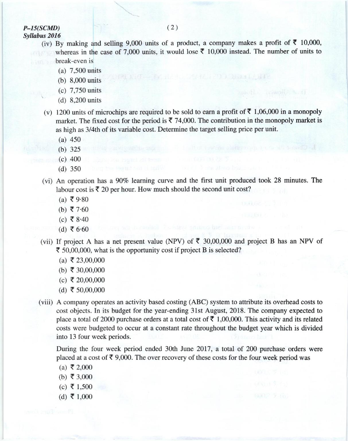 ICMAI June 2018 Strategic Cost Management- Decision Making Question Paper (Final) - Page 2