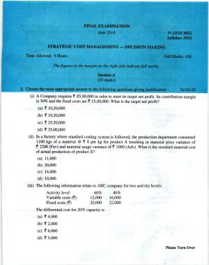 ICMAI June 2018 Strategic Cost Management- Decision Making Question Paper (Final)
