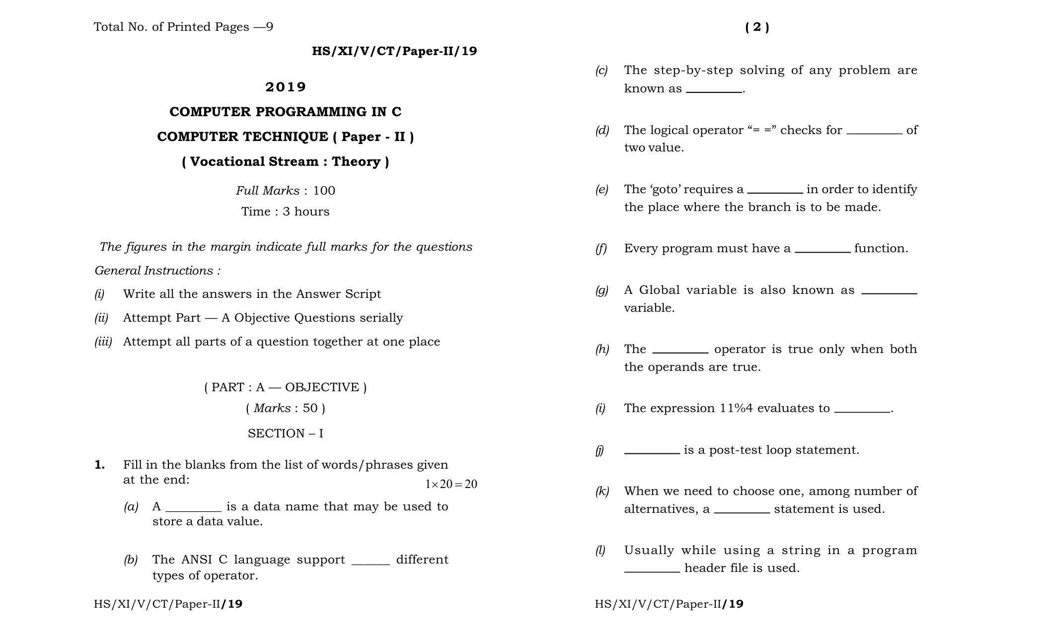 Meghalaya Board (MBOSE) Class 11 Computer_Technique__Paper_-_II_ 2019 Question Paper - Page 1