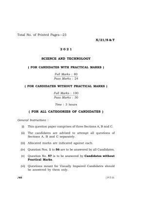 Meghalaya Board (MBOSE) Class 10 SCIENCE AND TECHNOLOGY  (X-21-S & T) 2021 Question Paper