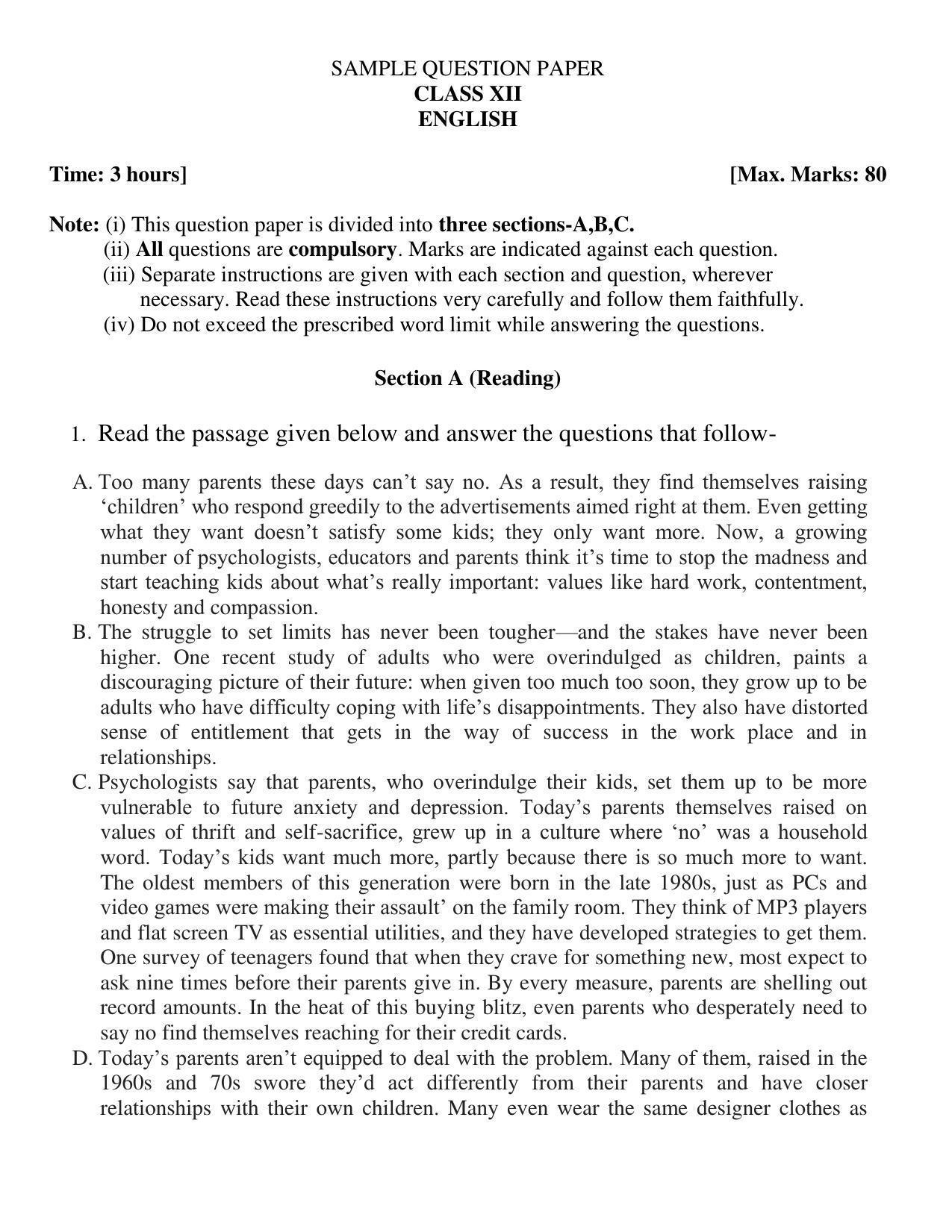 UBSE Class 12 English 2023 Model Paper - Page 1