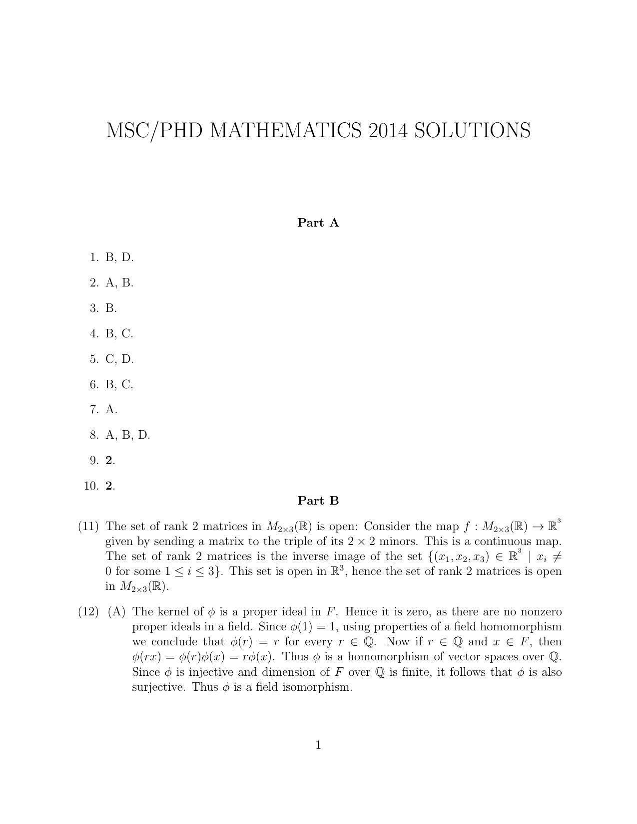 CMI Entrance Exam 2014 Solutions MSc/PhD Mathematics - Page 1