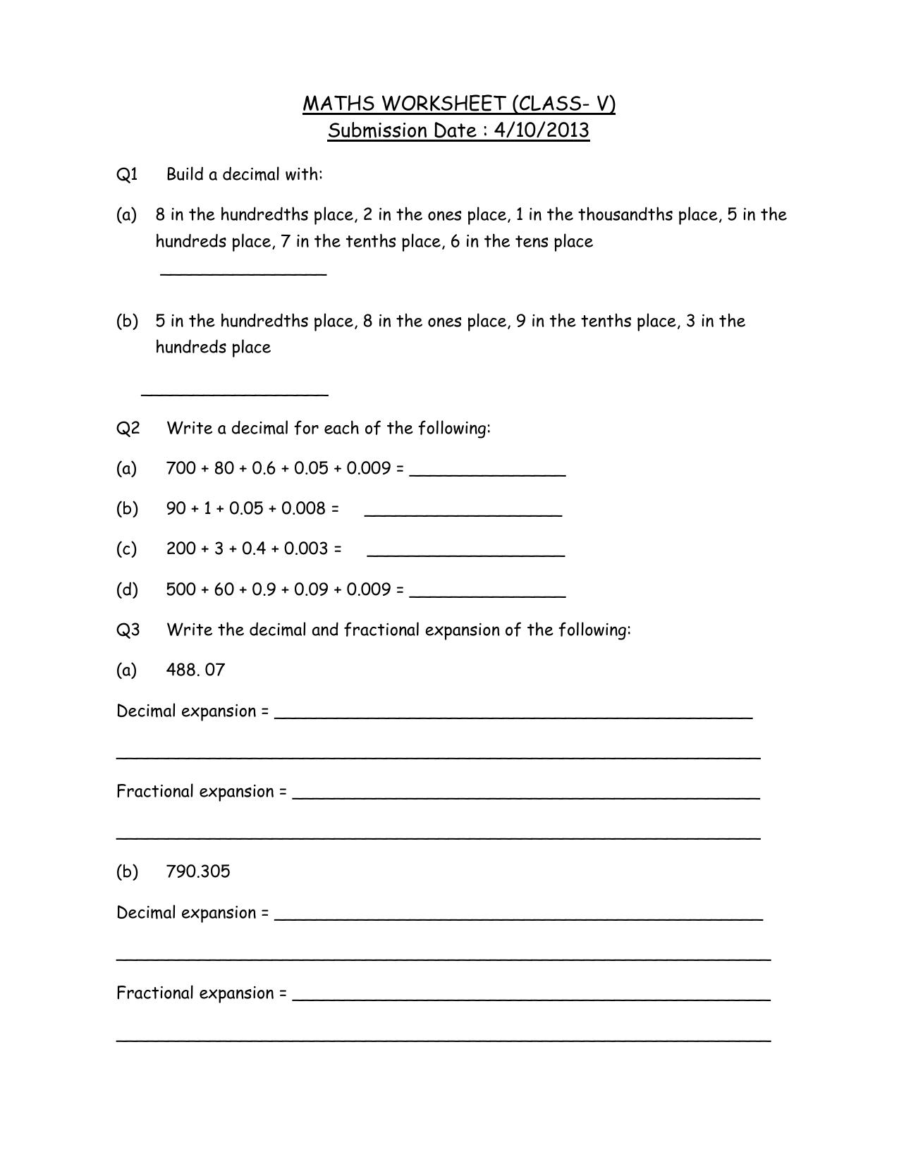 Worksheet for Class 5 Maths Decimals Assignment 3 - Page 1