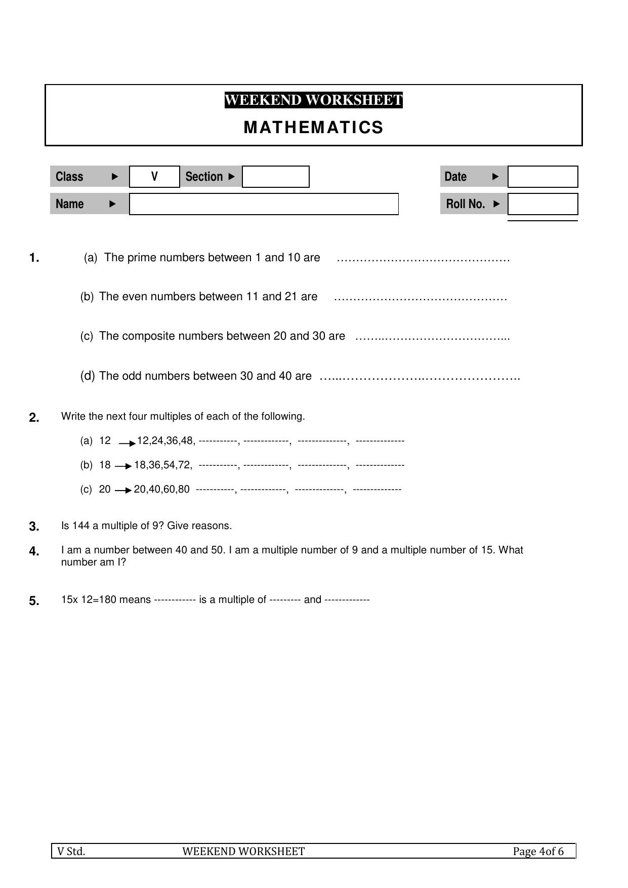 Worksheet for Class 5 Maths Prime Number Assignment 2 - Page 1
