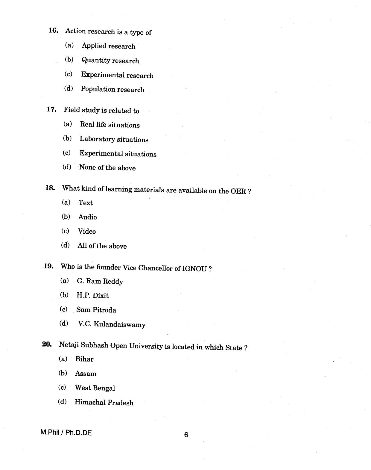 IGNOU PhD Entrance Test M.Phil/Ph.D (Distance Education) 2018 Question Paper - Page 6