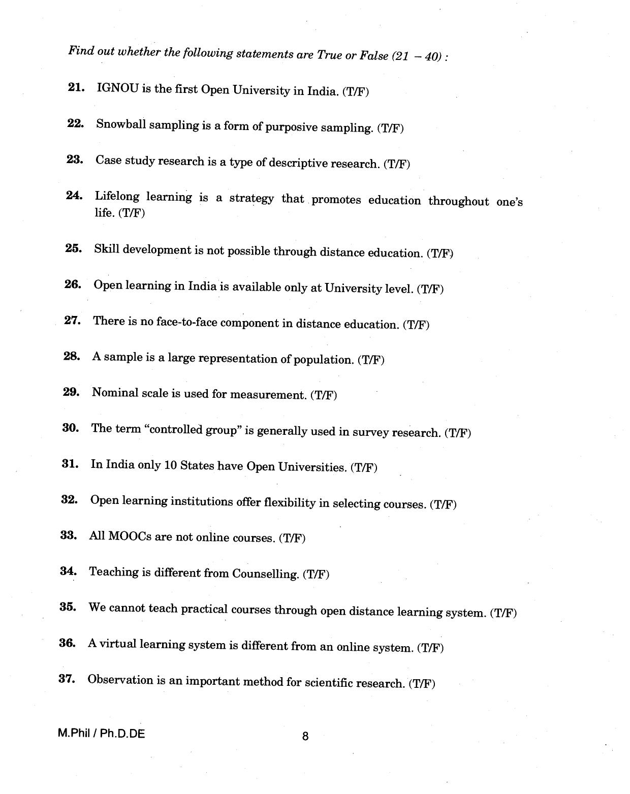 IGNOU PhD Entrance Test M.Phil/Ph.D (Distance Education) 2018 Question Paper - Page 8