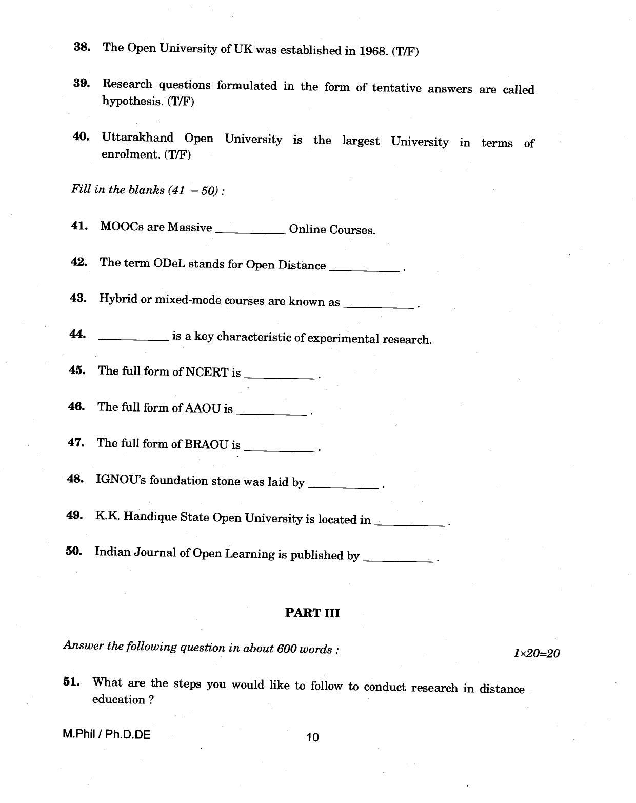 IGNOU PhD Entrance Test M.Phil/Ph.D (Distance Education) 2018 Question Paper - Page 10