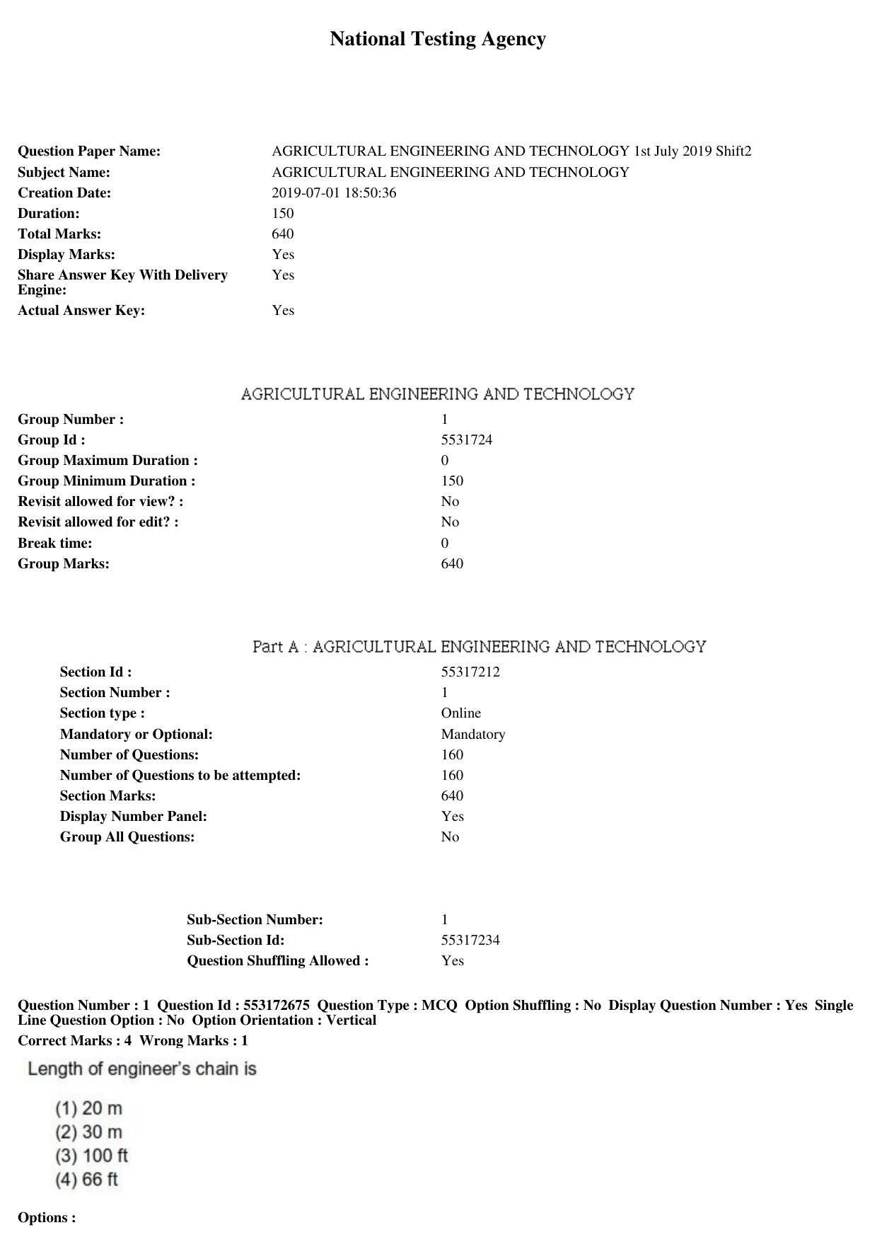 ICAR AIEEA PG 2019 AGRICULTURAL ENGINEERING AND TECHNOLOGY Question Paper - Page 1