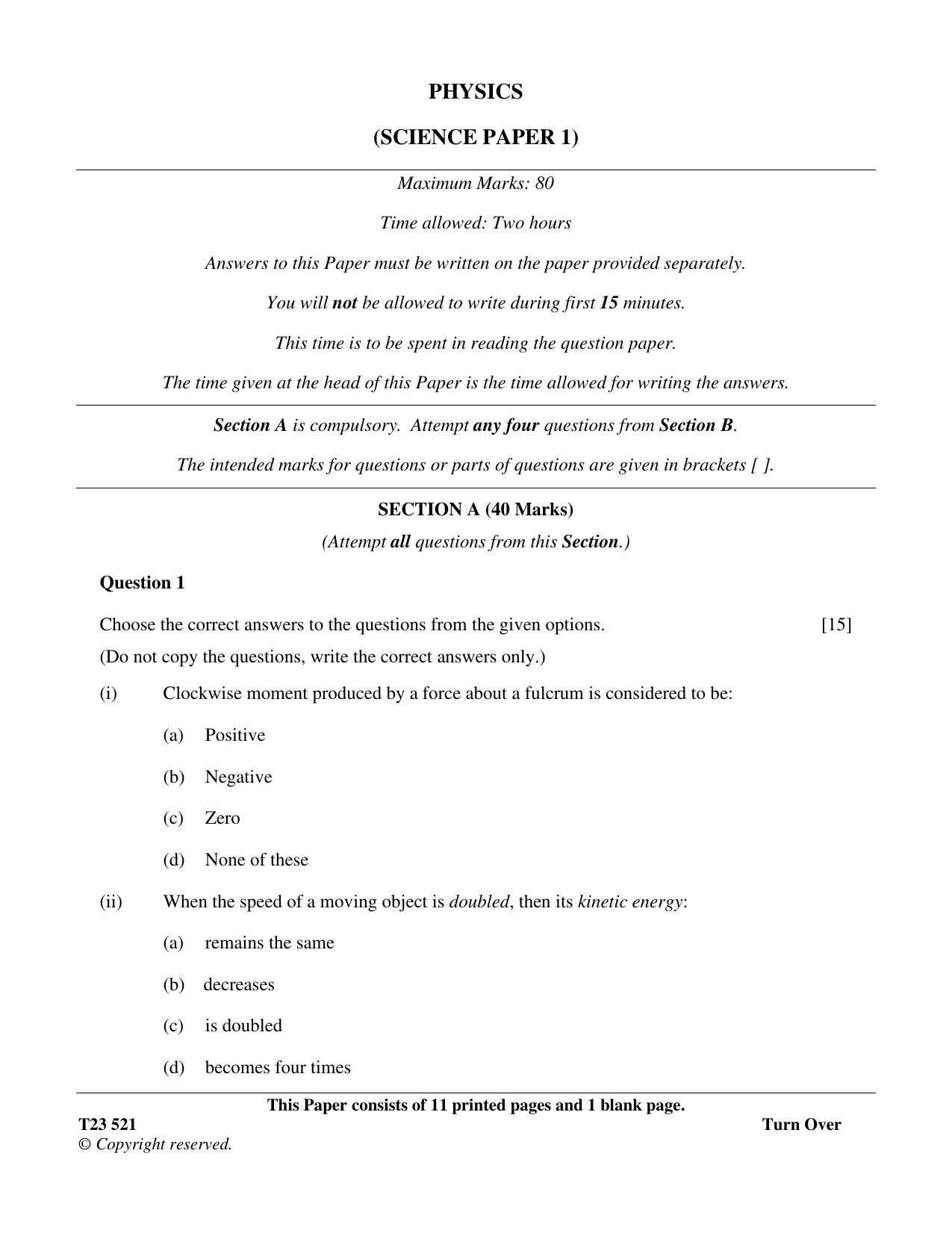 ICSE Class 10 PHYSICS (SCIENCE PAPER 1) 2023 Question Paper - Page 1