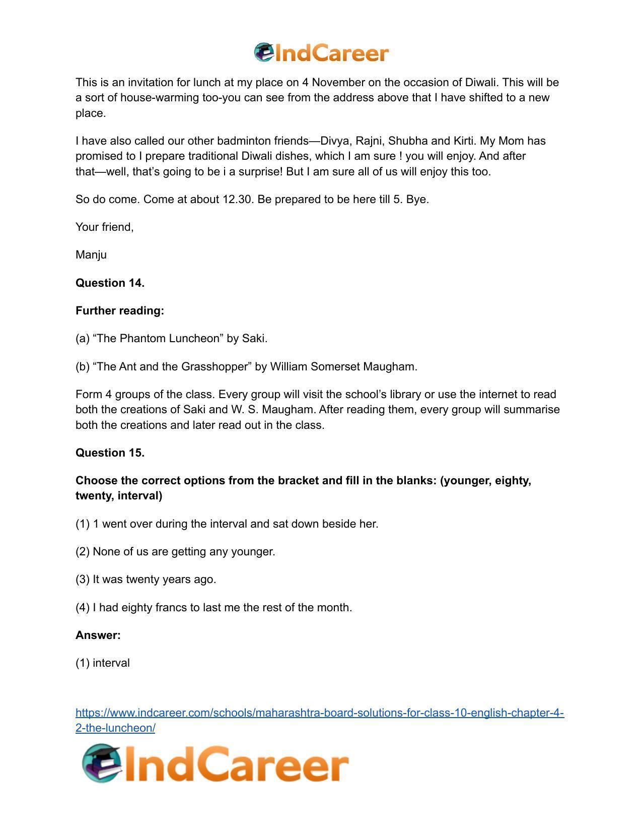 Maharashtra Board Solutions for Class 10- English: Chapter 4.2- The Luncheon - Page 15
