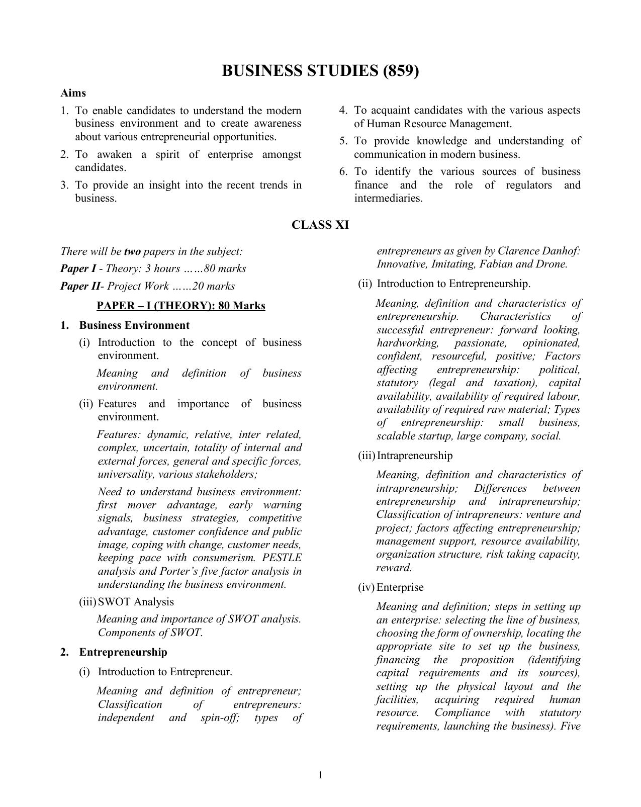 ISC Class XI & XII Business Studies 2025 Syllabus - Page 1