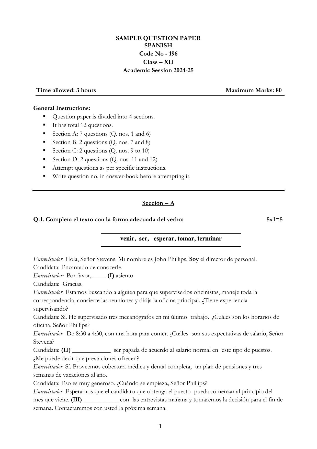 CBSE Class 12 Spanish Sample Question Paper 2024-25 - Page 1