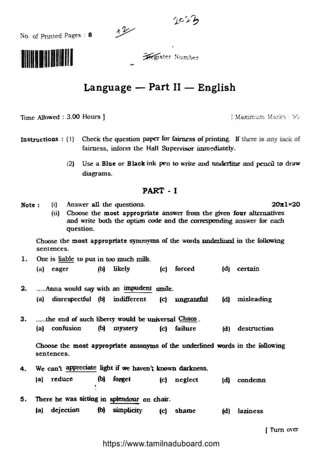 TN Class 12 English Language 6611 Question Papers 2023 - Page 1