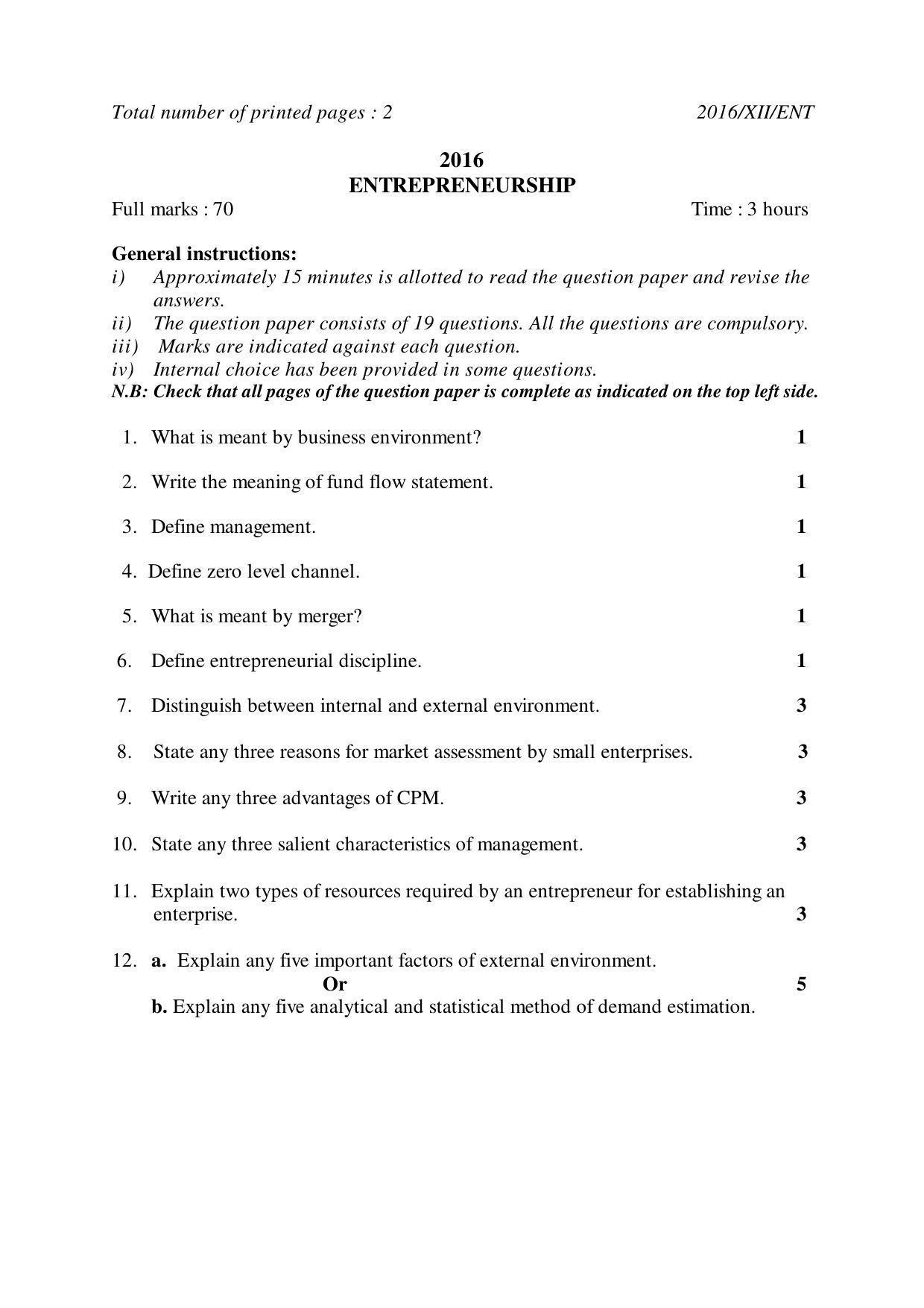 Nagaland Board Class 12 ENTREPRENEURSHIP 2016 Question Papers - Page 1