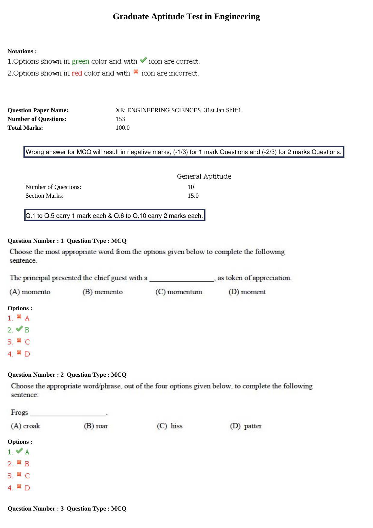GATE 2015 Engineering Sciences (XE) Question Paper with Answer Key - Page 1