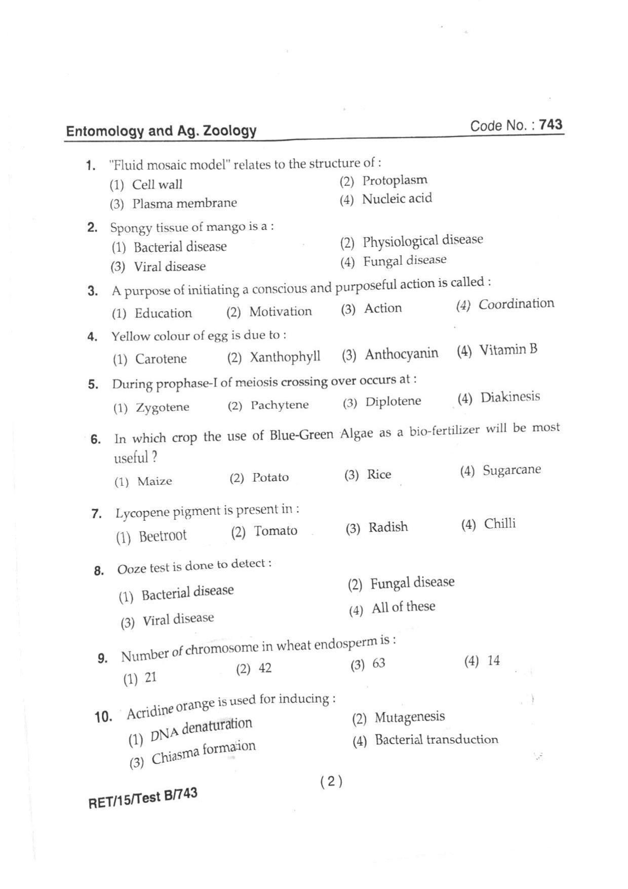 BHU RET ENTOMOLOGY & AG. ZOOLOGY 2015 Question Paper - Page 4