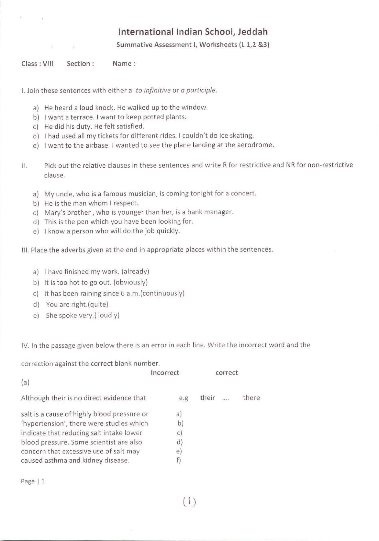 CBSE Worksheets for Class 8 English SA1 Assignment 2 - Page 1
