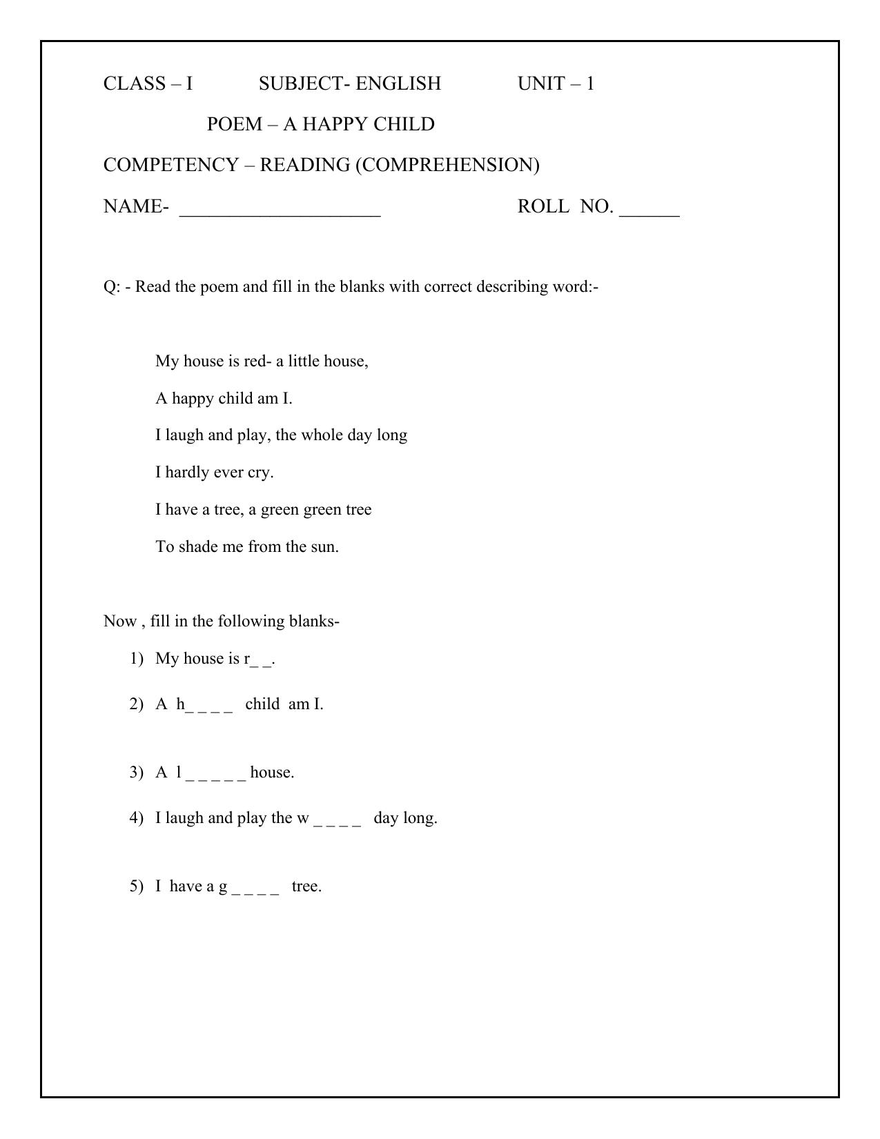 Worksheet for Class 1 English Assignment 16 A Happy Child - Page 1