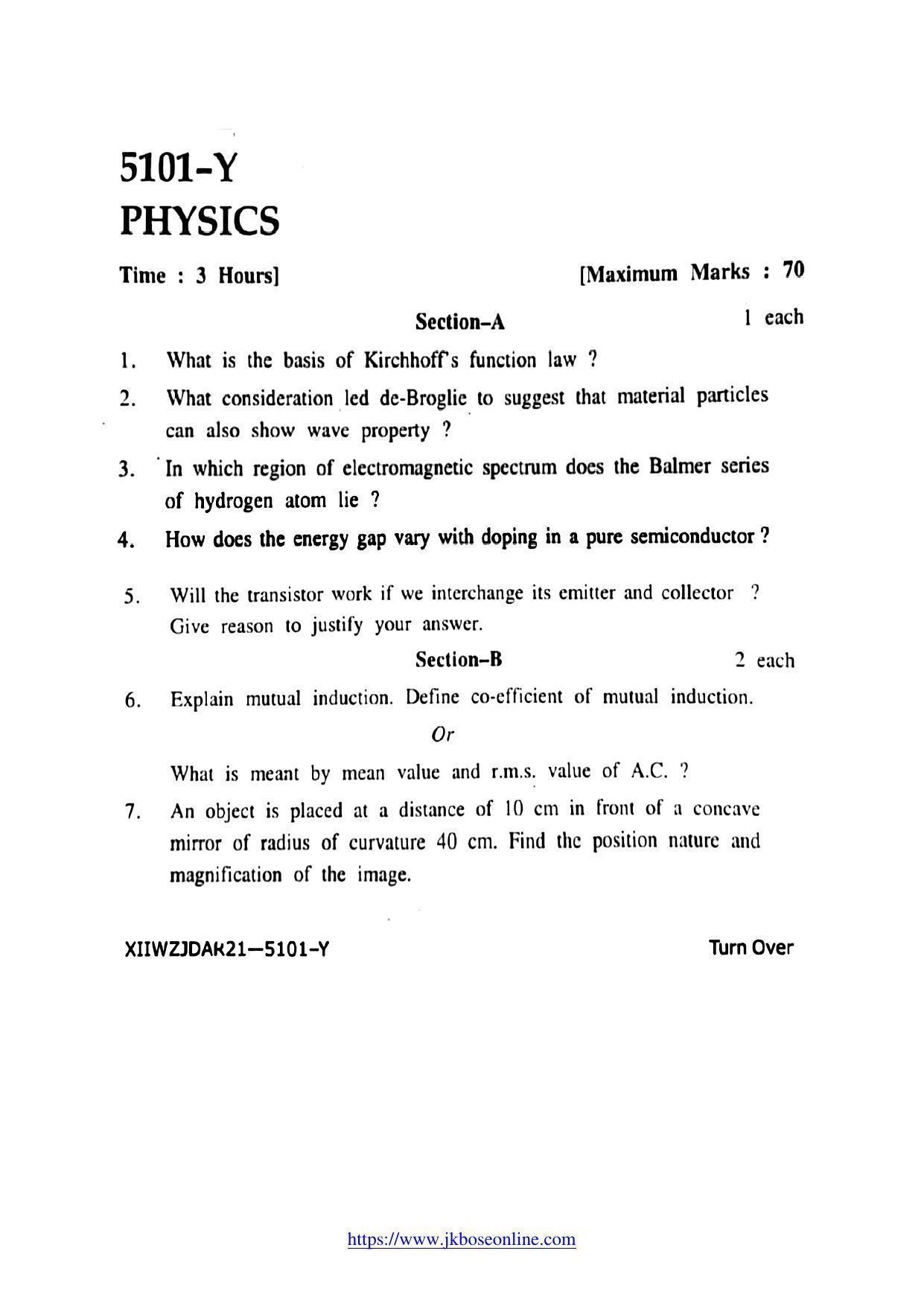 JKBOSE Class 12 Physics 5101-Y Question Papers 2021 - Page 1