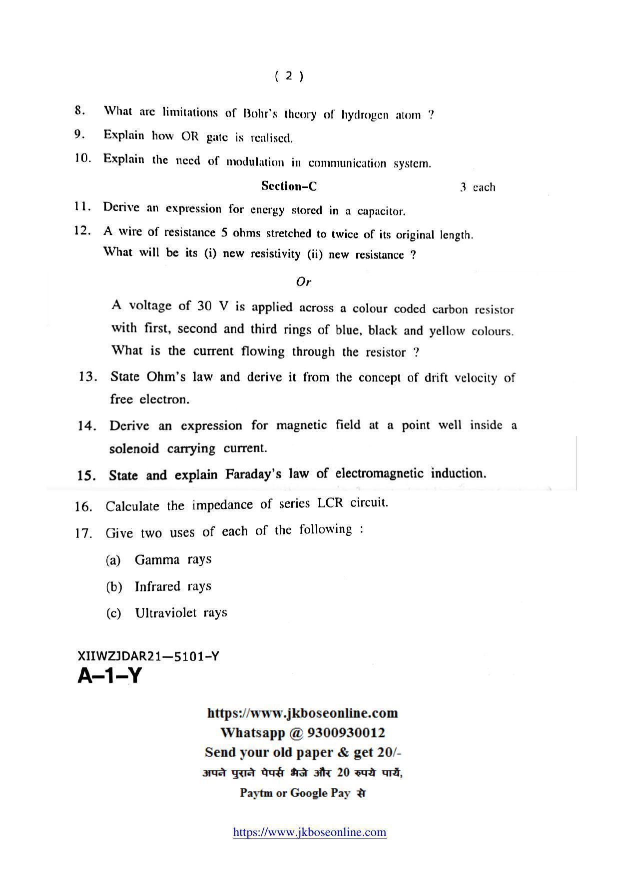 JKBOSE Class 12 Physics 5101-Y Question Papers 2021 - Page 2