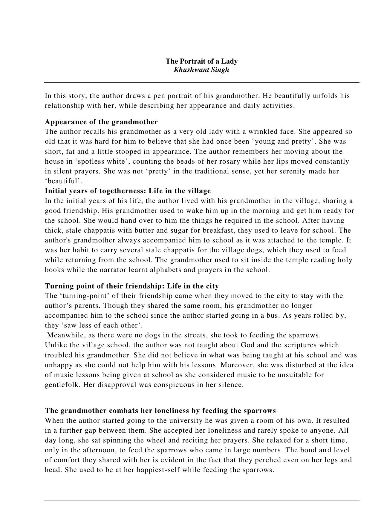 CBSE Worksheets for Class 11 English The Portrait of a Lady Khushwant Singh Assignment - Page 1