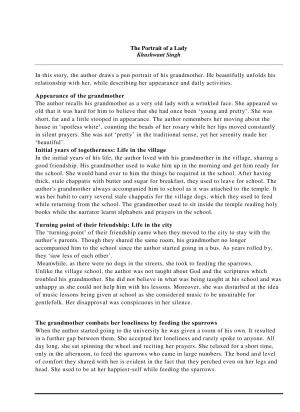 CBSE Worksheets for Class 11 English The Portrait of a Lady Khushwant Singh Assignment