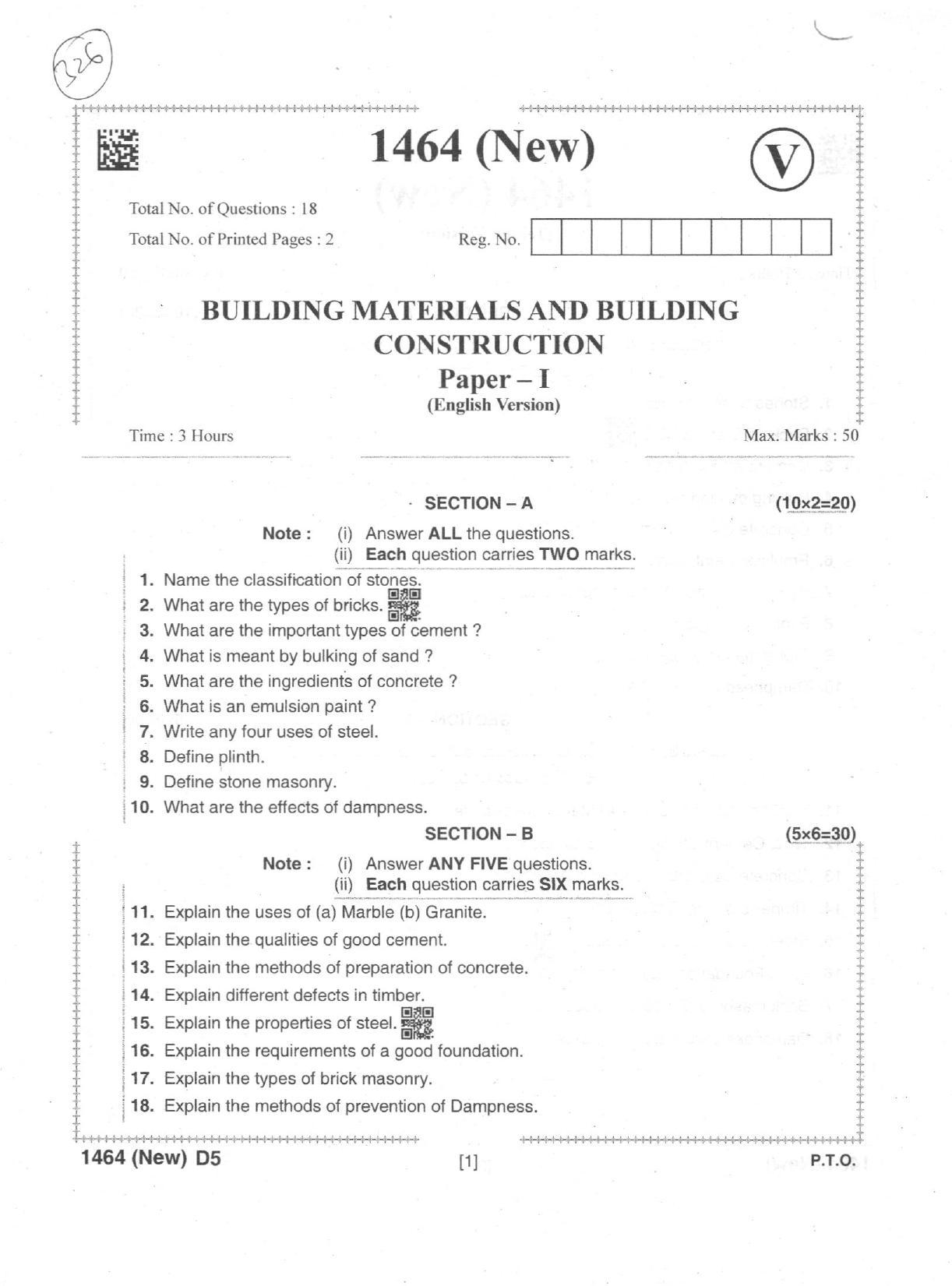AP Intermediate 2nd Year Vocational Question Paper September-2021- Building_Material&Building_Construction(NEW)-I - Page 1