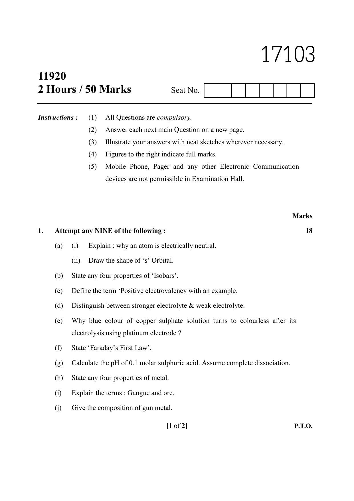MSBTE Winter Question Paper 2019 - Basic Science - Chemistry - Page 1