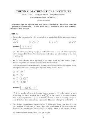CMI Entrance Exam 2017 Solutions MSc/PhD Computer Science