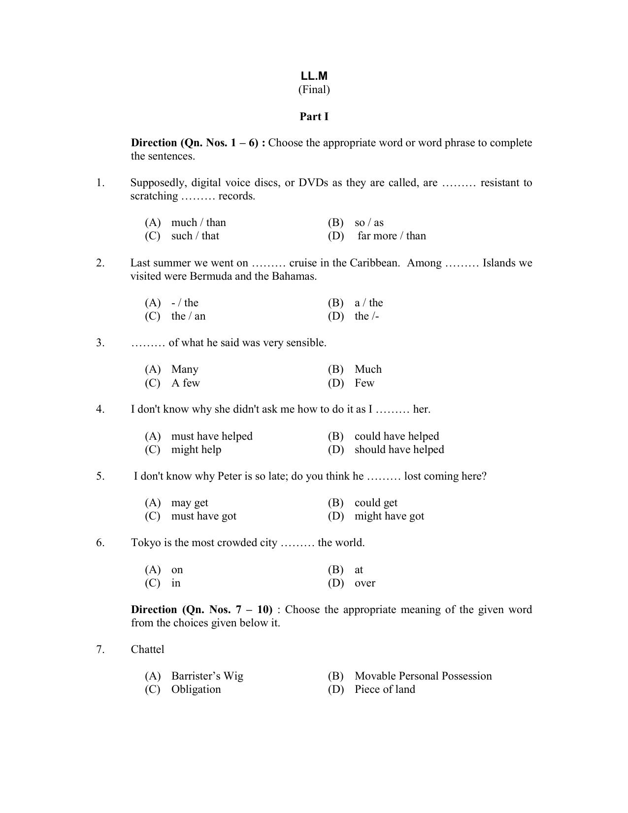 CUSAT CAT 2017 LLM Final Question Paper - Page 1