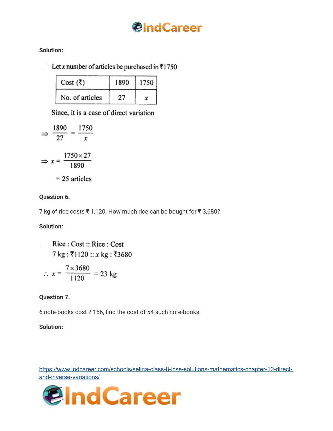 Selina Class 8 ICSE Solutions Mathematics : Chapter 10- Direct and Inverse Variations - Page 7
